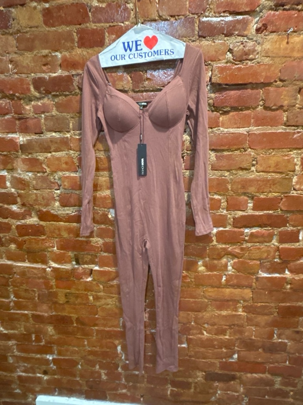 Ribbed Long-Sleeve One-Piece Bodysuit built in bra - Mocha